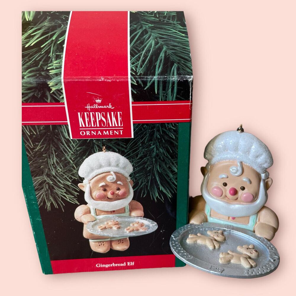 Vintage ‘90 Hallmark Christmas Ornament GINGERBREAD ELF Tray of Cookies & Box